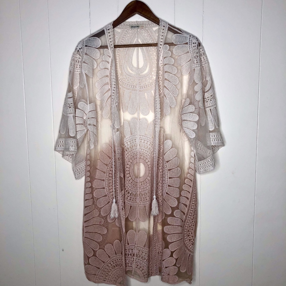 Origami Sheer Lace Embroidered Kimono Cardigan